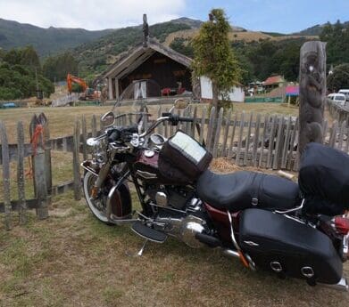 Harley at a Maori meeting hall Quake City