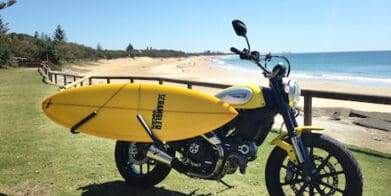 Ducati Scrambler with surfboard from Motolife Caloundra