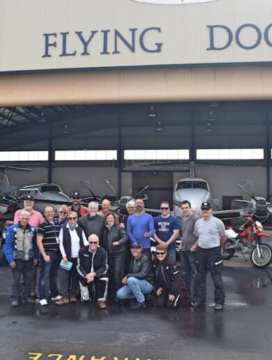 Riders at Royal Flying Doctor Service hangar