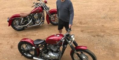 Paul Baltzer with his 1973 Triumph Bobber custom and 1970s Harley Shovelhead that he will show at the 2017 RACQ MotorFest