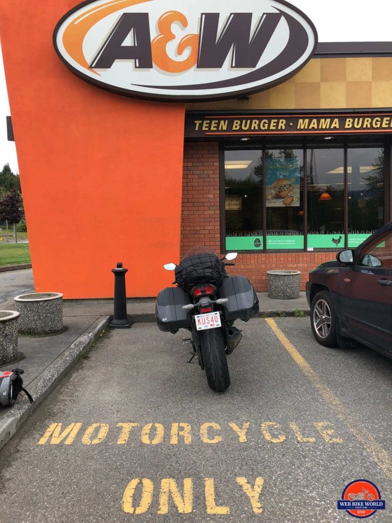 Motorcycle parking at A&W in Kitimat.