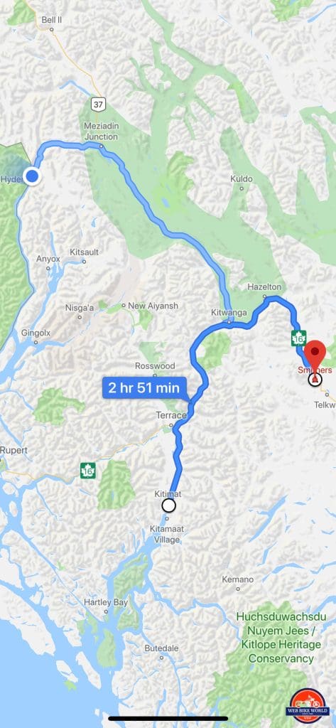 My route through BC on day 2 on the ride to Tuk.