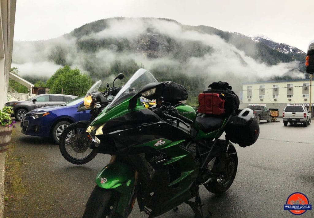 A misty morning in Stewart BC with my Ninja and Greg's Tiger.