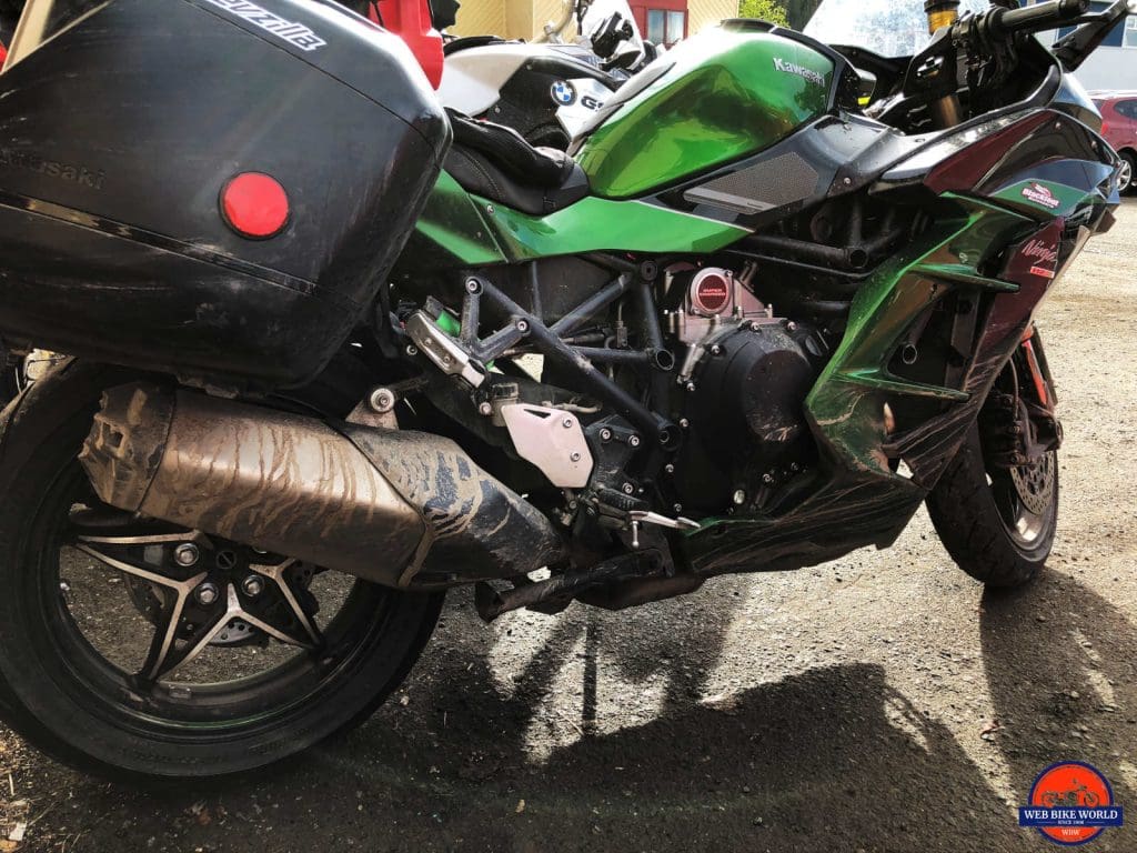 Mud stained motorcycle that used to be a clean Ninja H2SX SE.