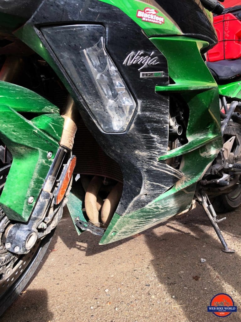 Streaks of dirt from the Alaska Highway on my Ninja.