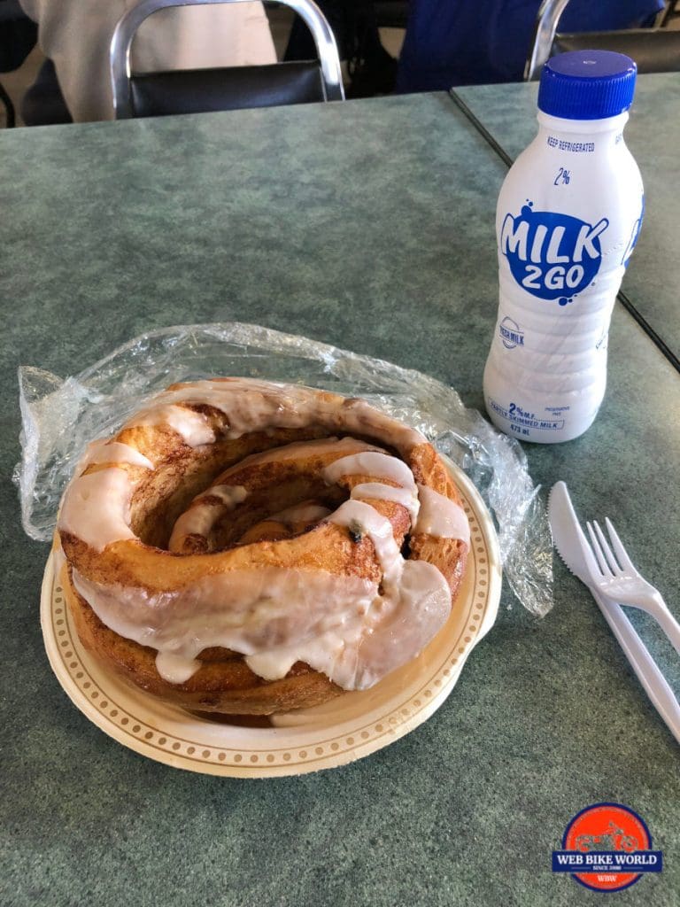 A huge cinnamon bun and milk to wash it down at the Braeburn Lodge.