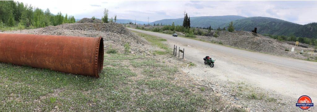 Panoramic shot of the tailings piles outside Dawson City.