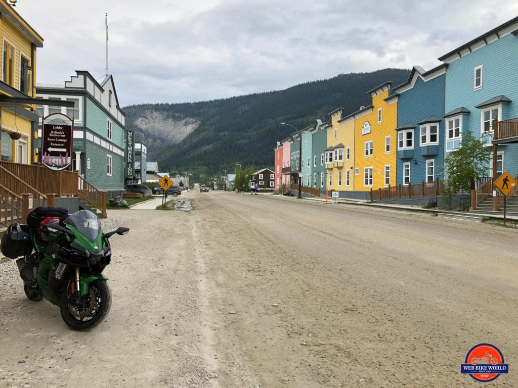 Colourful buildings line the street of Dawson City.