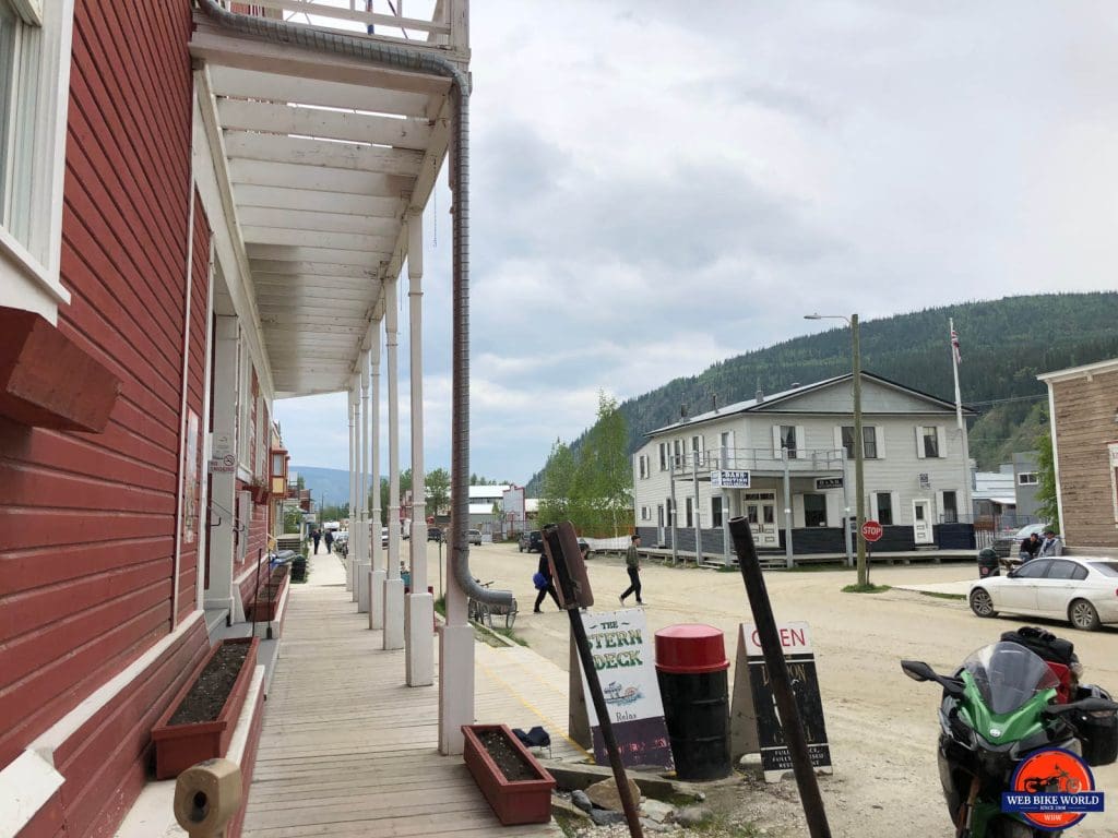 Wooden sidewalks and old style buildings in Dawson City.