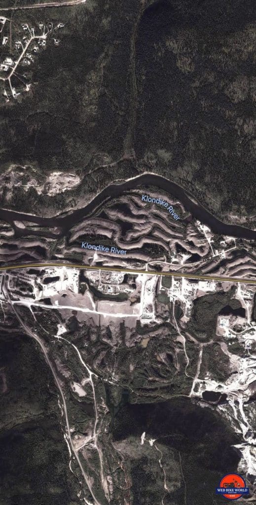 The Google Earth view of the tailings piles outside Dawson City.