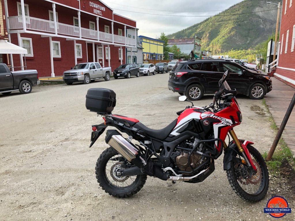 My Honda Africa Twin parked outside the Downtown Hotel in Dawson City.