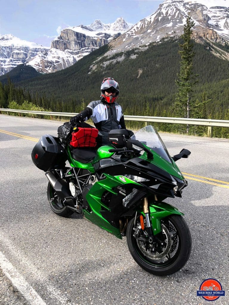 My Ninja H2SX SE piled high with luggage and spare gas.