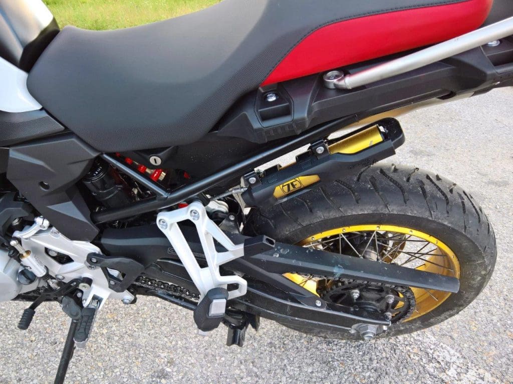 2019 BMW F850GS Rallye rear view of red suspension and tire