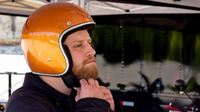 Wade trying on the matching helmet Royal Enfield loaned him for the demo ride.