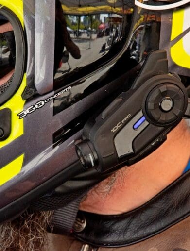 The Sena 10C Pro installed on an Arai DT-X helmet.