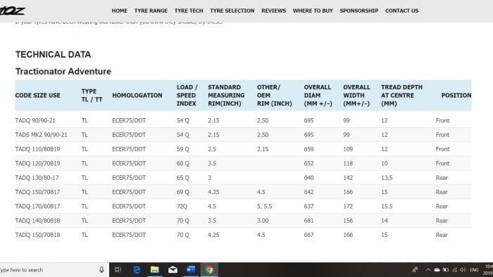 A screenshot showing specs about the Tractionator Adventure tires.