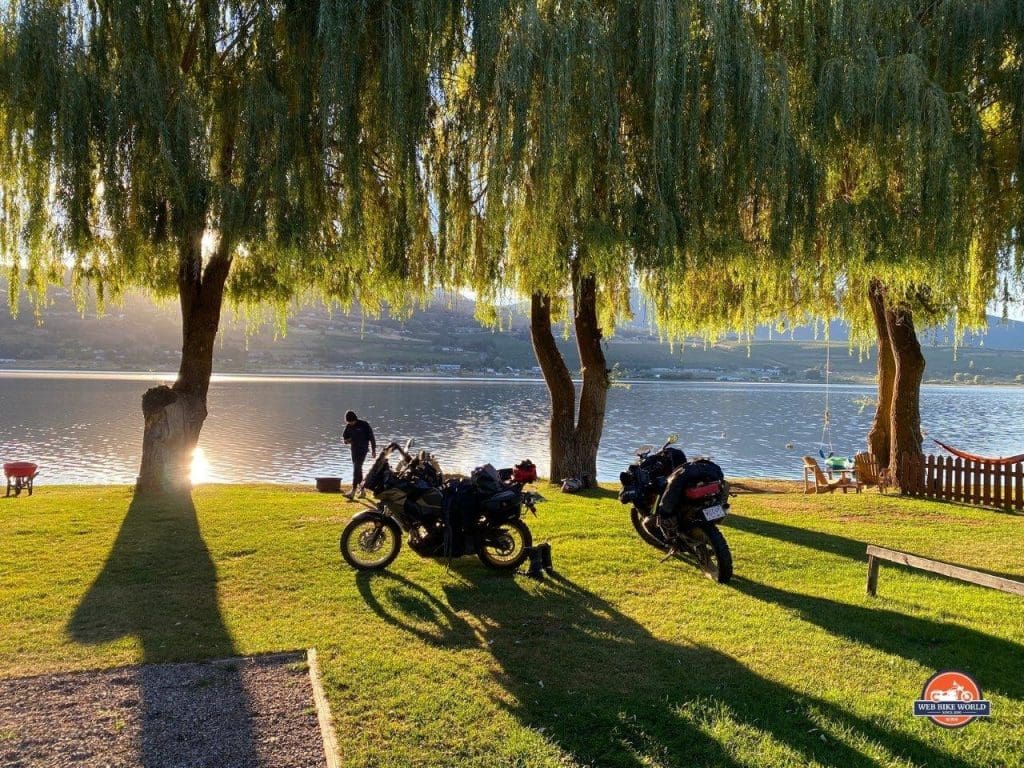 Motorcycle camping beside Swan Lake in Vernon, British Columbia, Canada.