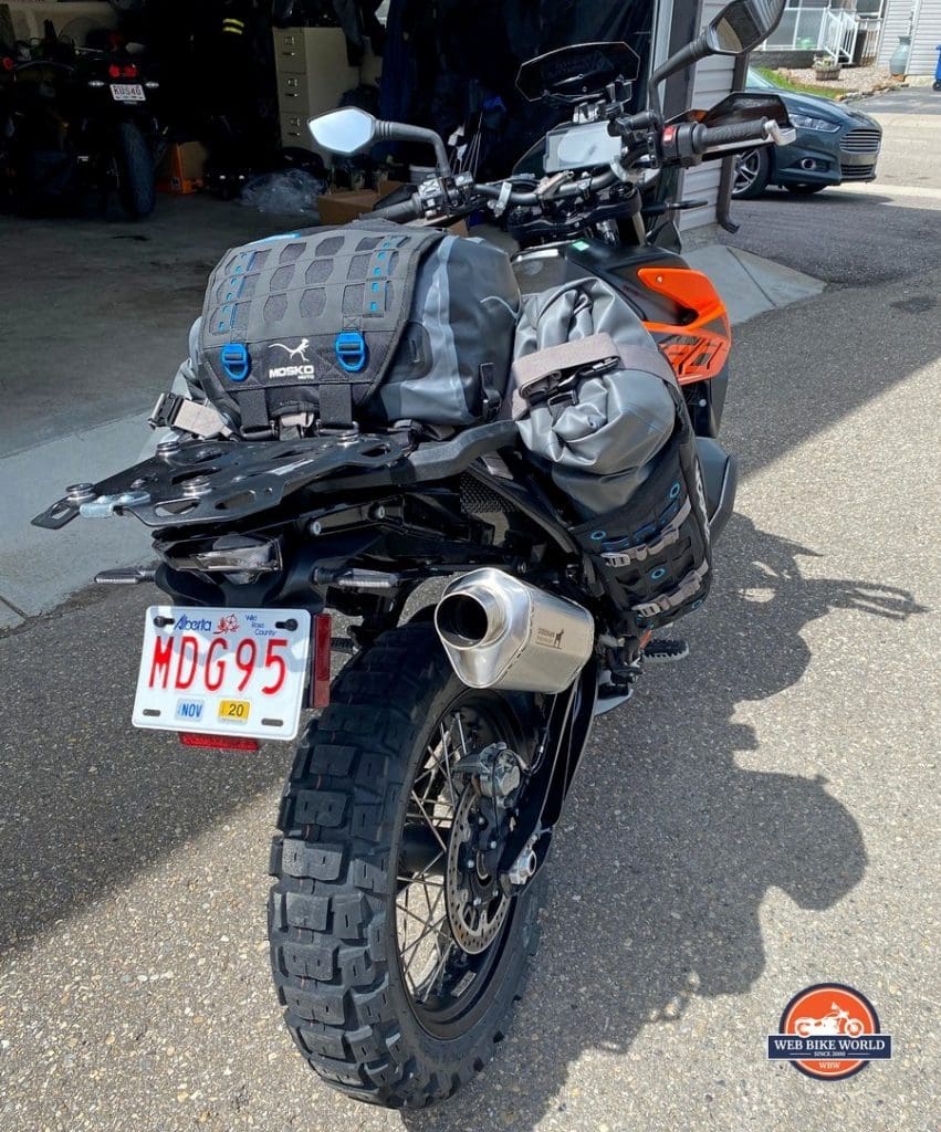 The MOLLE webbing as seen on The Mosko Moto Reckless 80L V3.0 Revolver installed on a KTM 790 adventure.