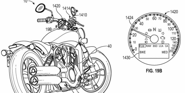 A picture of an Indian Motorcycle, with radar system concept built into the bike.