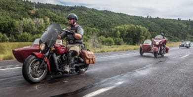 A view of a veteran riding an Indian Motorcycle for the Veterans Charity Ride