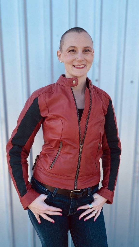 Karleen Eberle Modeling her Phoenix Ruby Red Leather Jacket