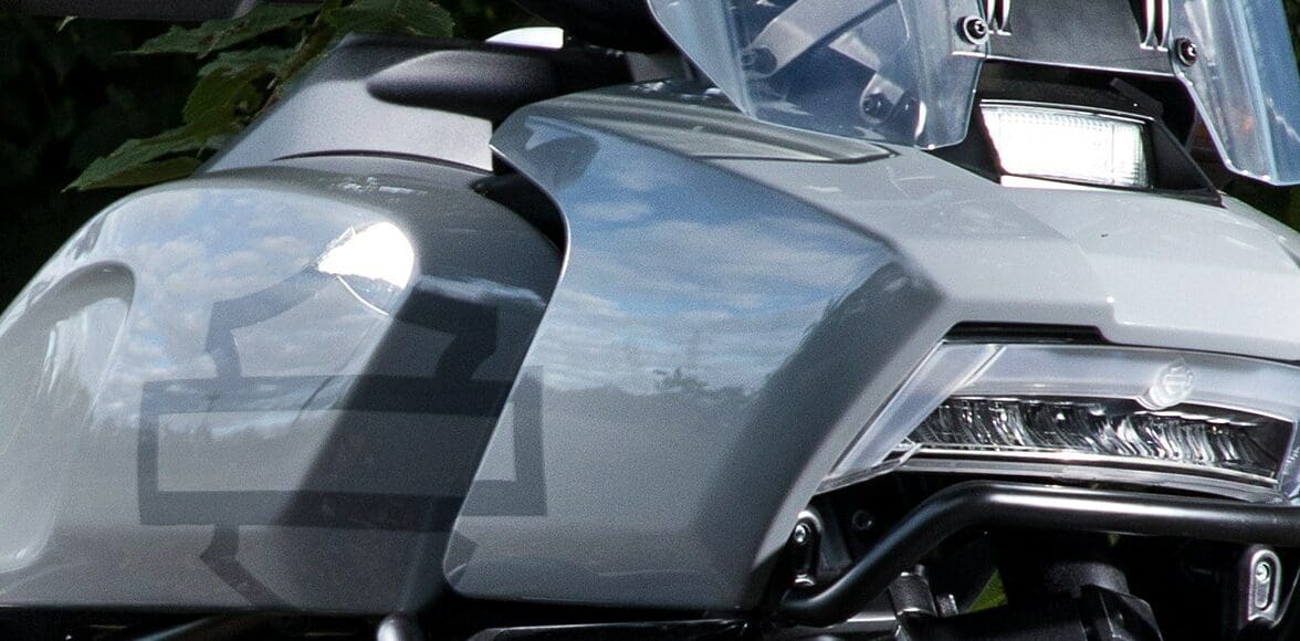 A close-up of the unique headlight on the all-new Harley Davidson Pan America