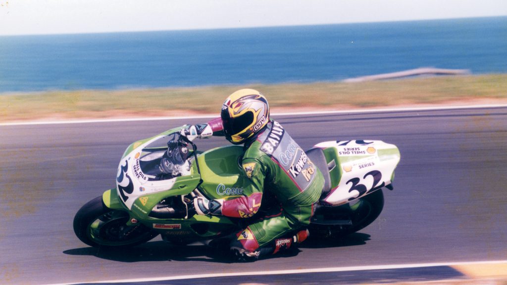 A view of Ducati Team Troy Baylis turning on the twisting at his first race in 1999