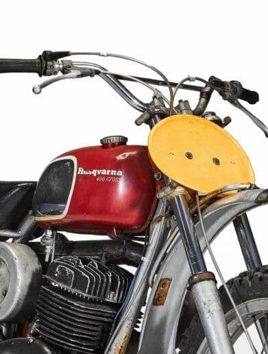 A top side view of the iconic 1971 Husqvarna 400 Cross, used by Steve McQueen in the movie hit, "On Any Sunday"