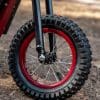 A close-up of the tyres on the new sFTR Mini motorcycle from Indian Motorcycles - an electric-youth bike available to the smaller riding community