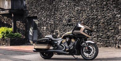 A side view of the Limited Edition Indian Challenger Dark Horse created in partnership with Jack Daniels and the Klock Werk Custom Cycles Shop