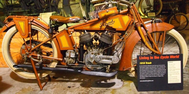 A view of the Traub motorcycle - a machine estimated to be from 1916 and a one-of-a-kind mystery that has yet to be solved to this day