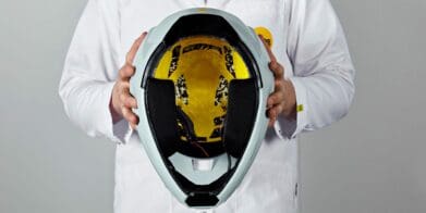 a view of a motorcycle helmet with the Mips safety system inside