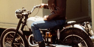 A view of Arthur Herbert Fonzarelli, better known as ‘Fonzie’ or ‘The Fonz’ in TV hit show ‘Happy Days’, with his 1949 Triumph Trophy 500