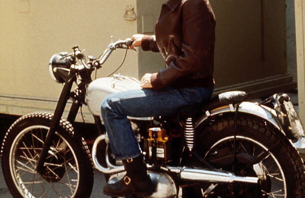 A view of Arthur Herbert Fonzarelli, better known as ‘Fonzie’ or ‘The Fonz’ in TV hit show ‘Happy Days’, with his 1949 Triumph Trophy 500