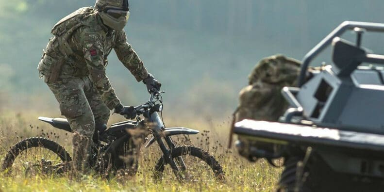 A view of the Sur-Ron Electric motorcycle - currently being tested out for tactical use in military field op missions