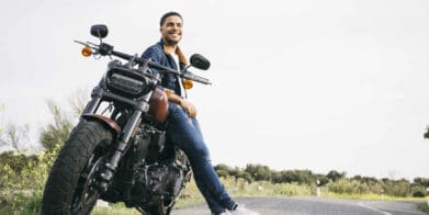 A view of a smiling motorcyclist