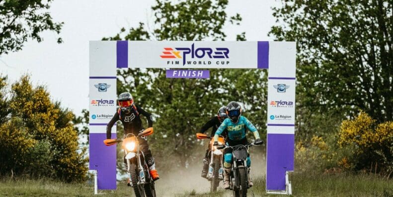 A view of off-roading motorcycles, with media used to depict the re-integration of racing team Mugen into the all-new electric off-roading series, E-Xplorer