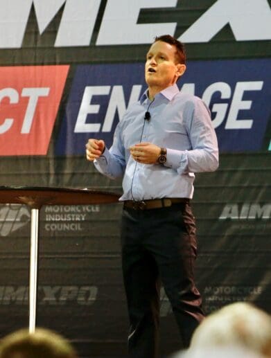 Ricky Carmichael, motocross legend, speaking at the 2022 AIMExpo educational platform, DISRUPTIVE THINKING