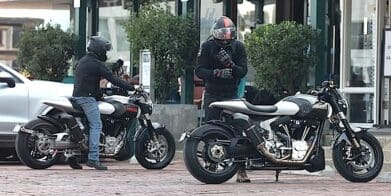 A view of Alex Winter and Keanu Reeves meeting for a cup of coffee on two arch motorcycles