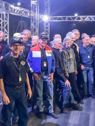 A view of the hot shoe Hall of fame industry event that had more than 80 inductees as well as various spokespeople and icons of the motorcycle community