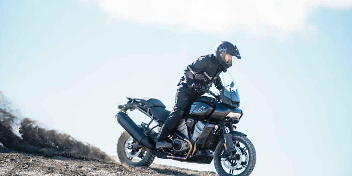 Image of a rider on a Pan America riding down an incline