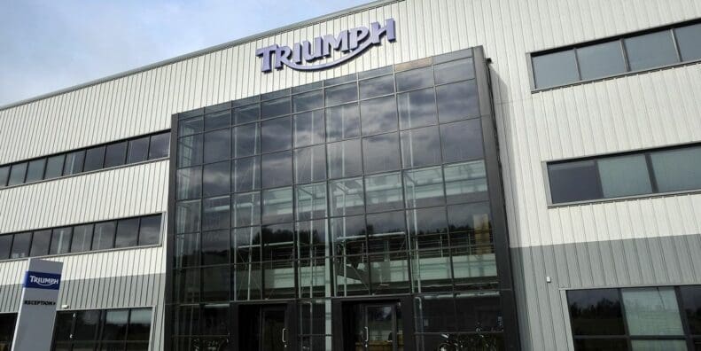 A view of Triumph Hinckley headquarters, as well as triumph machines