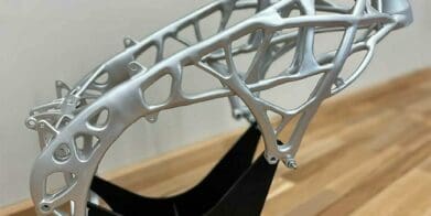 A view of the new 3D-printed motorcycle frame that the University of Nerija, based out of Spain, has just put together