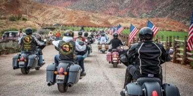 A view of a motorcycle rally that took place in 2021: Many motorcycles ride around as riders reacquaint each other post-COVID