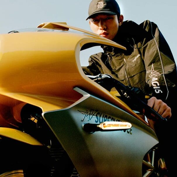 A view of an MV Agusta machine with Agusta's new apparel collection featured via the rider