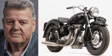 A view of the late Robbie Coltrane with his sunbeam S7 Deluxe, which is currently available on Bonhams auction for purchase