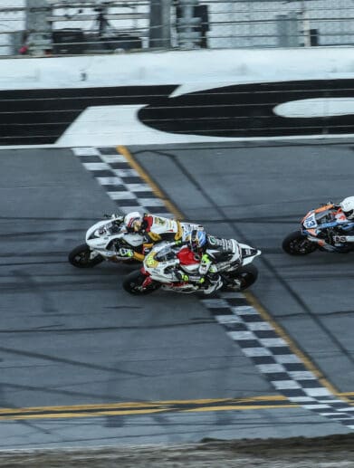 A view of Brandon Paasch, Arai athlete and motorcycle racer who use a slingshot maneuver to secure his second win in a row