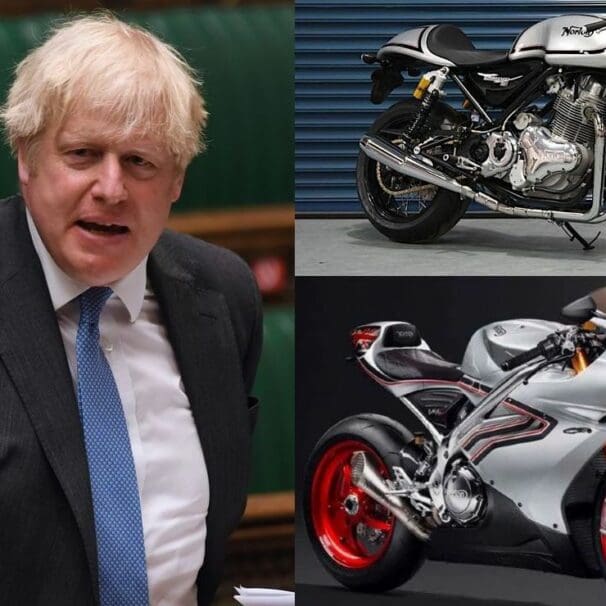 Boris Johnson with an image of the anticipated re-engineered Norton motorcycle models