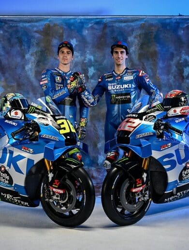 A view of the Suzuki team and Suzuki supersport machines decked out for the MotoGP track - machines that will soon e defunct with Suzuki's decision to temporarily suspend their acticitive on the circuit in a purported to save funds