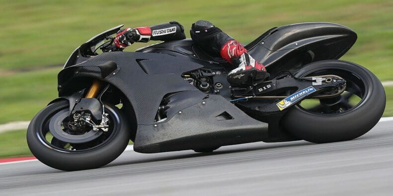 A view of a bike being tested at Jerez prior to the next racing round of MotoGP